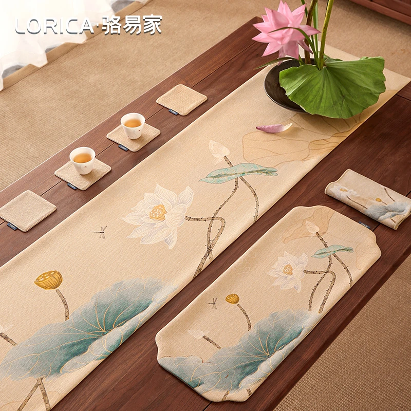 骆易家【荷花韵】防水桌旗新中式国风茶席垫子禅意茶布茶台桌布茶旗