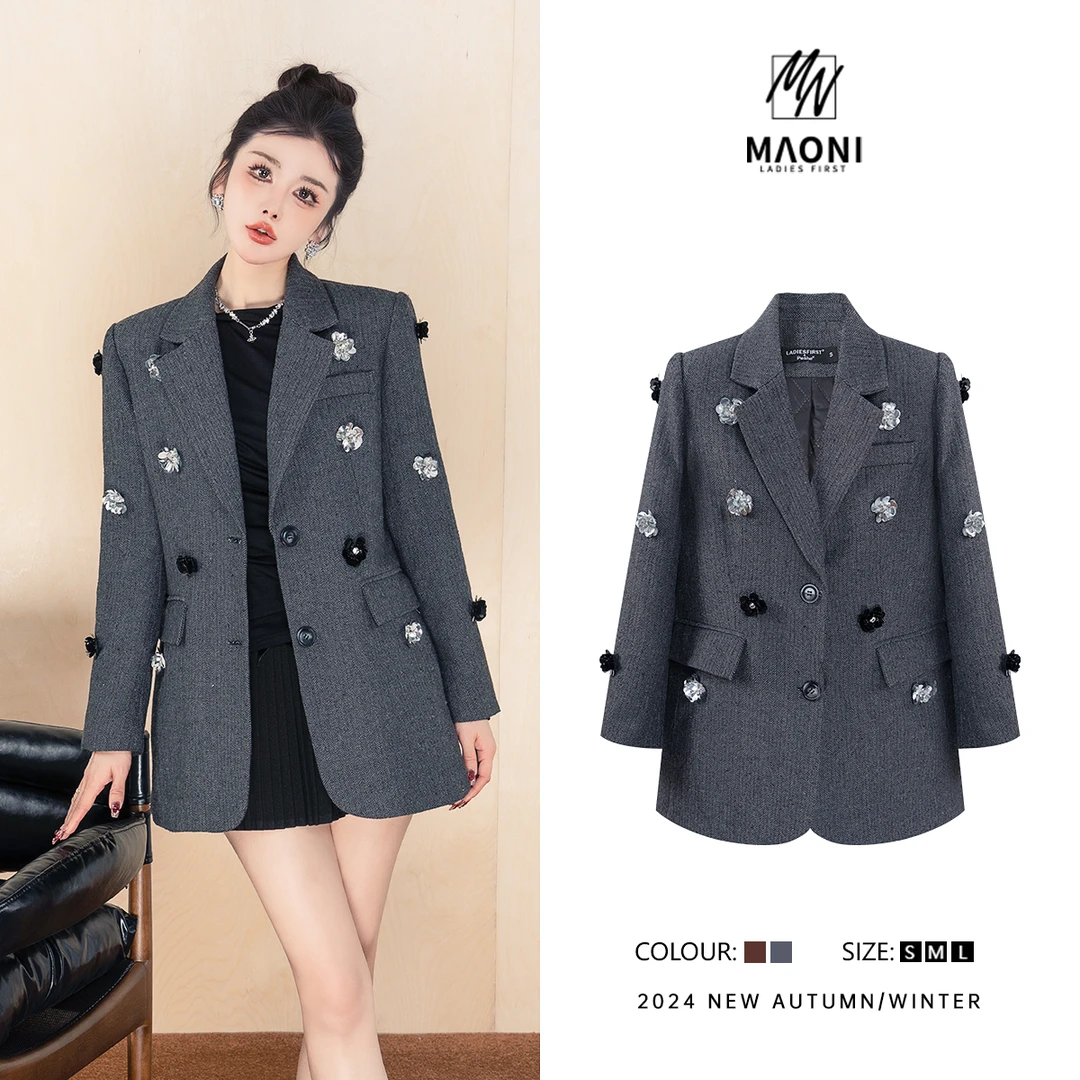 毛妮Peshe【人字纹呢子】2025秋冬立体珠花翻驳领夹棉西装外套D9986
