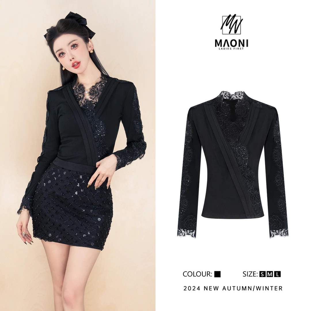 毛妮Peshe【江南美人】秋冬蕾丝拼接纯欲网红打底衫内搭洋气L1142