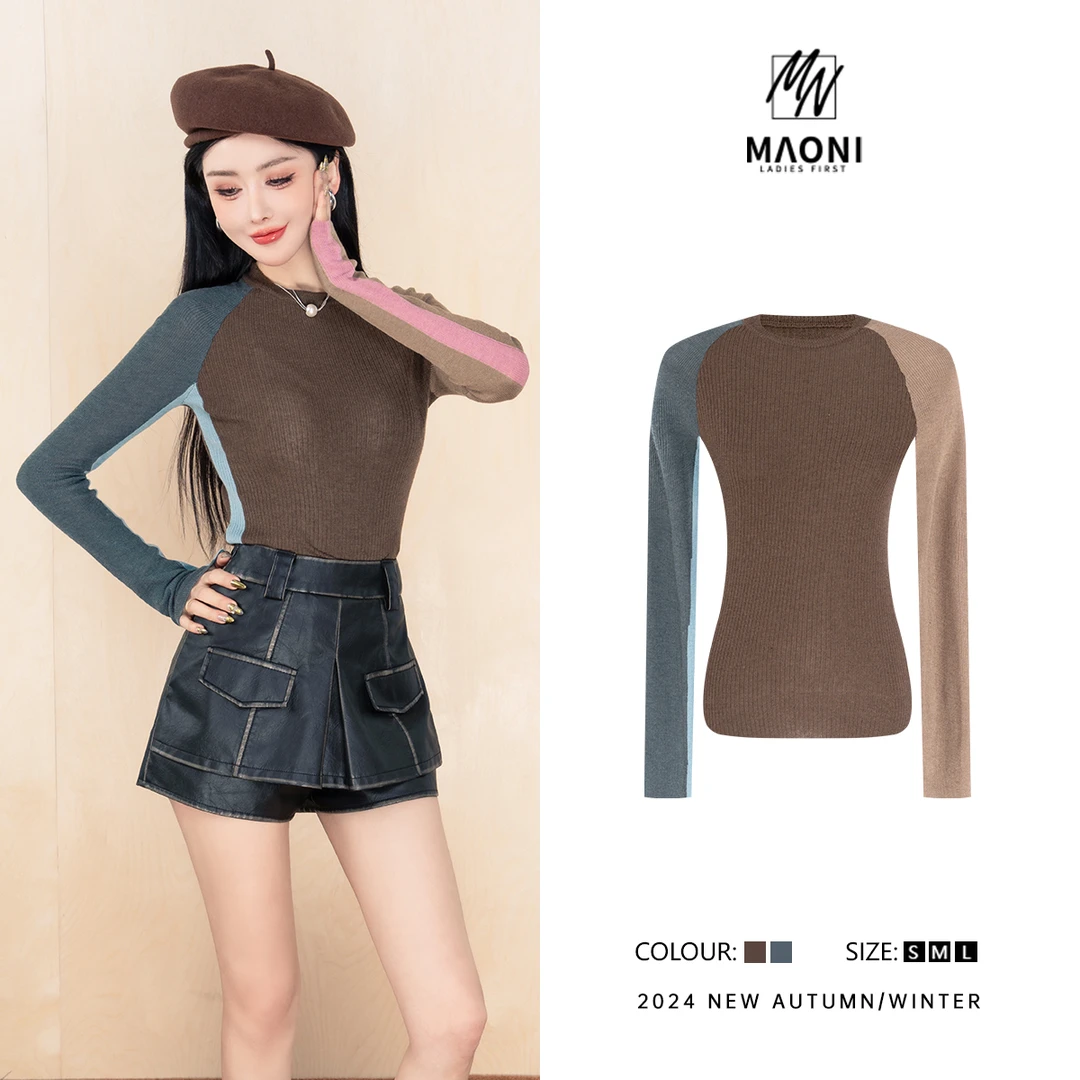 毛妮Peshe【丛林密语】2025秋冬撞色拼接百搭时尚毛针织衫女L1154