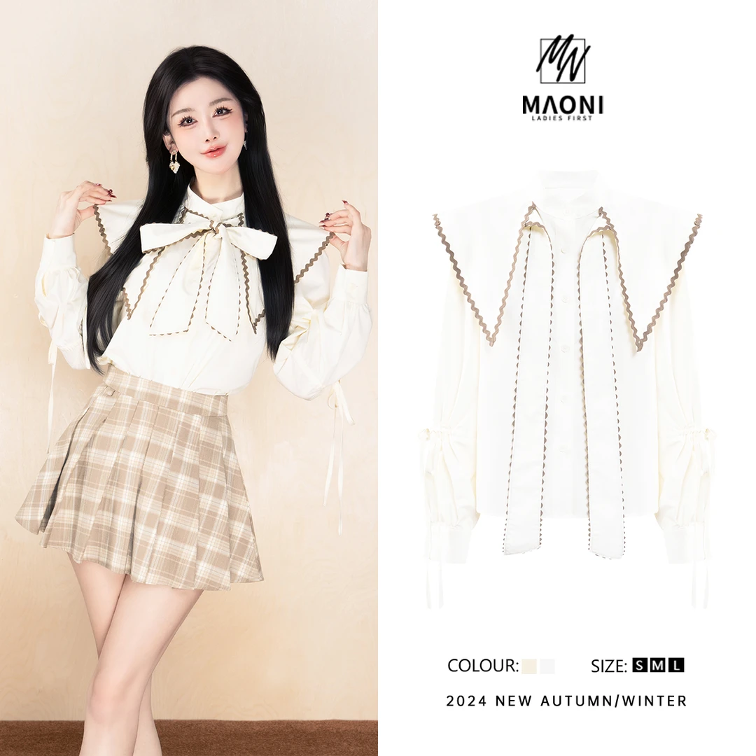 毛妮Peshe【云上香草】2025秋冬甜美公主风娃娃领系结撞色衬衫D9940