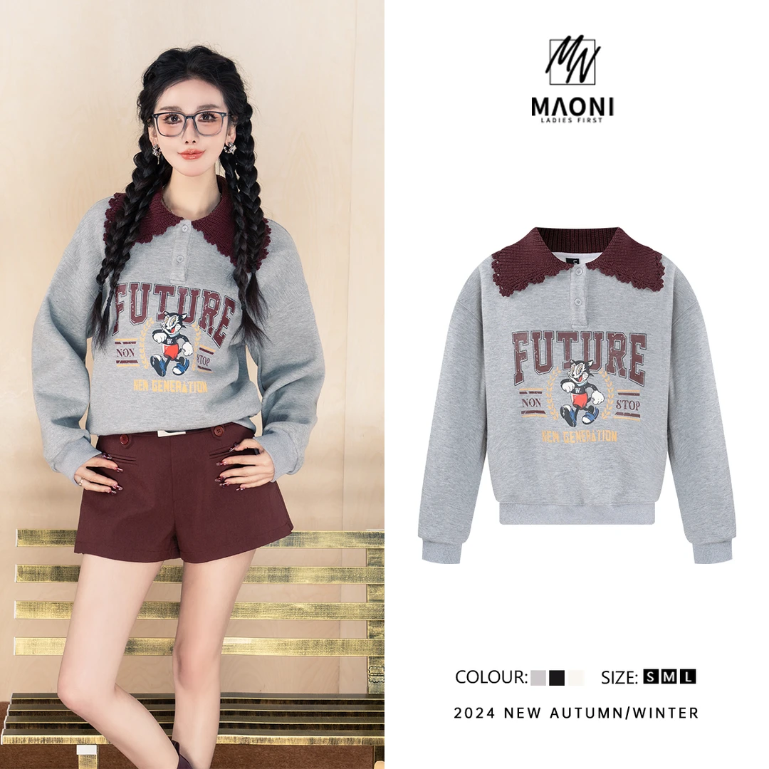 毛妮Peshe【卡通学院风】2025冬美式复古字母印花减龄加绒卫衣L1020