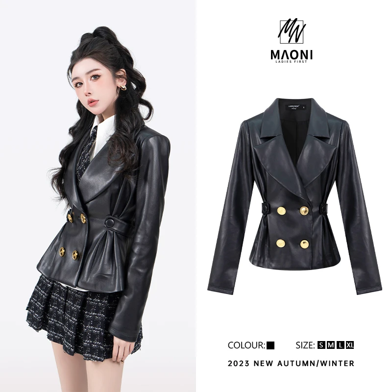 毛妮LADIESFIRST【复古朋克风】热力感双排扣收腰PU皮衣外套女D8962