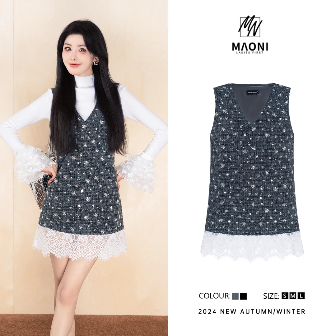 毛妮Peshe【繁星点缀】2025秋冬韩系重工蕾丝淑女无袖连衣裙女L1129