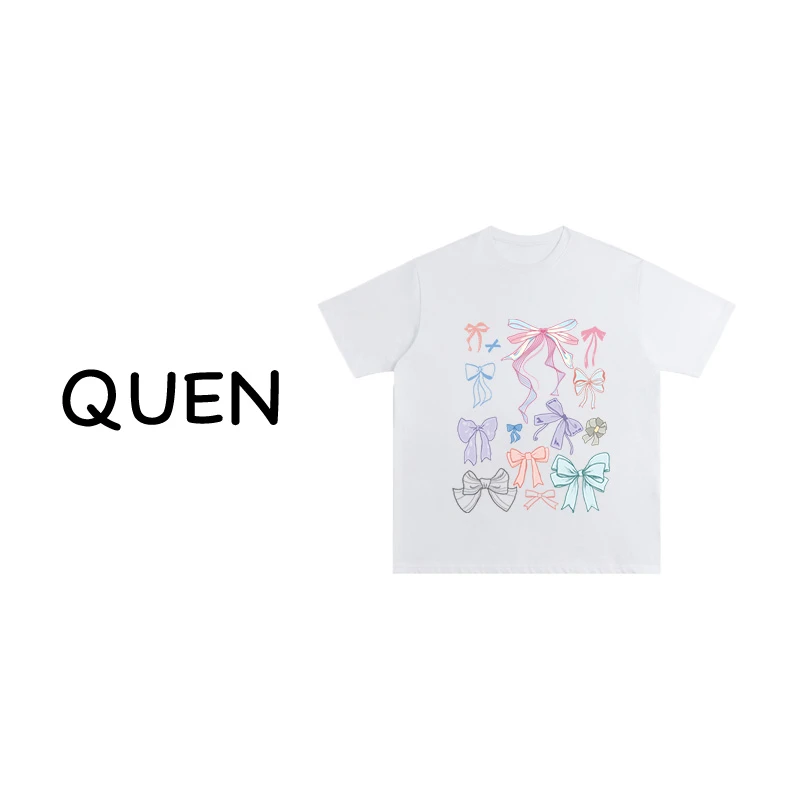 Quen【彩色蝴蝶结】纯棉短袖T恤 宽松显瘦男女同款休闲百搭上衣