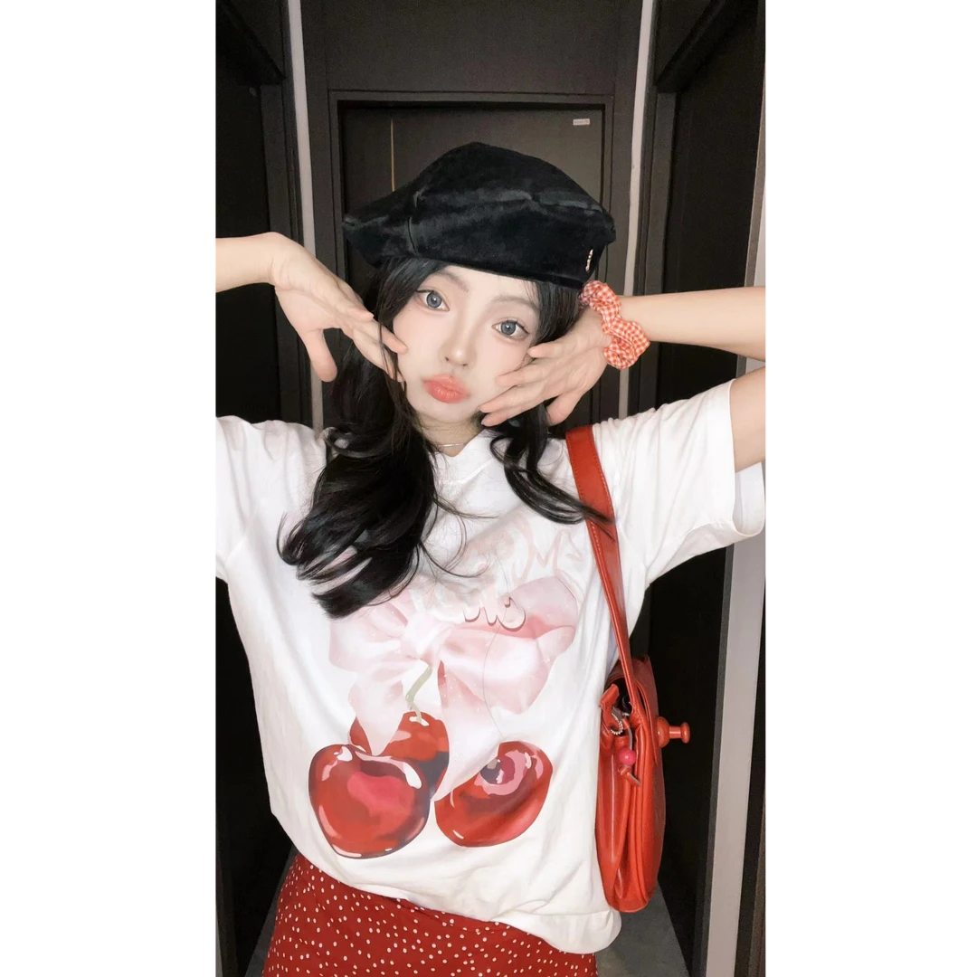 QUEN【蝴蝶结樱桃】休闲纯棉短袖宽松T恤 百搭印花短袖潮男女款
