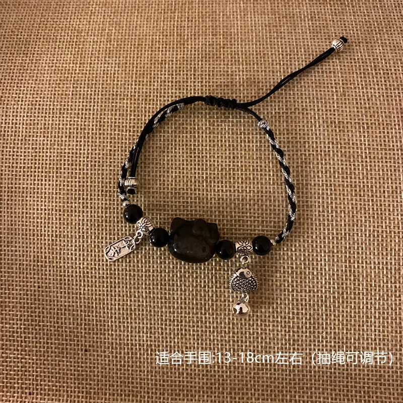 合金仿水晶手链 手工编织抽绳情侣黑色时尚手链温茶9156-17