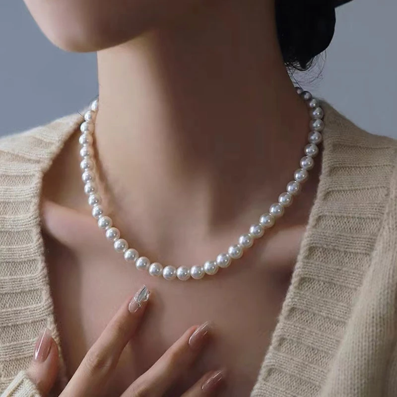 非金属仿珍珠项链 奥黛丽2-专属元宝扣S925银施家暖光锁骨链4-8mm