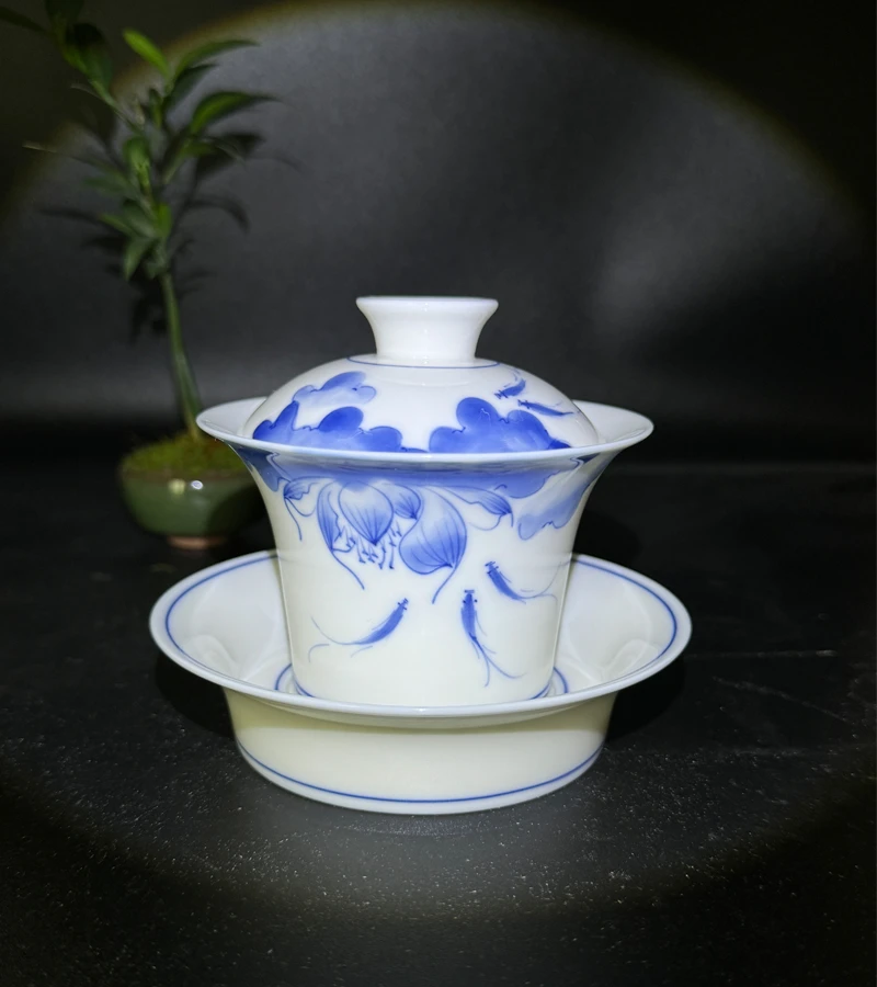 羊脂玉瓷平底马蹄大号手绘三才盖碗家用高档功夫茶具中式茶碗