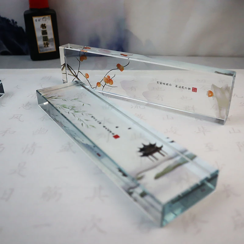 春夏秋冬创意水晶透明玻璃镇纸书法压条文房办公摆件礼品定制镇尺