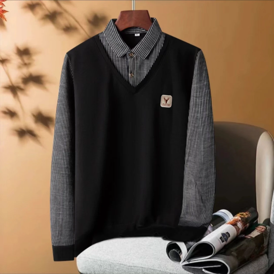 品搏刺绣鹿头假两件加绒加厚男士时尚条纹衬衫领