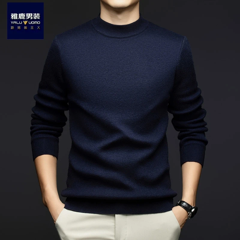 雅鹿男装针织上衣男圆领含羊毛冬季加绒加厚男士打底针织衫毛衣