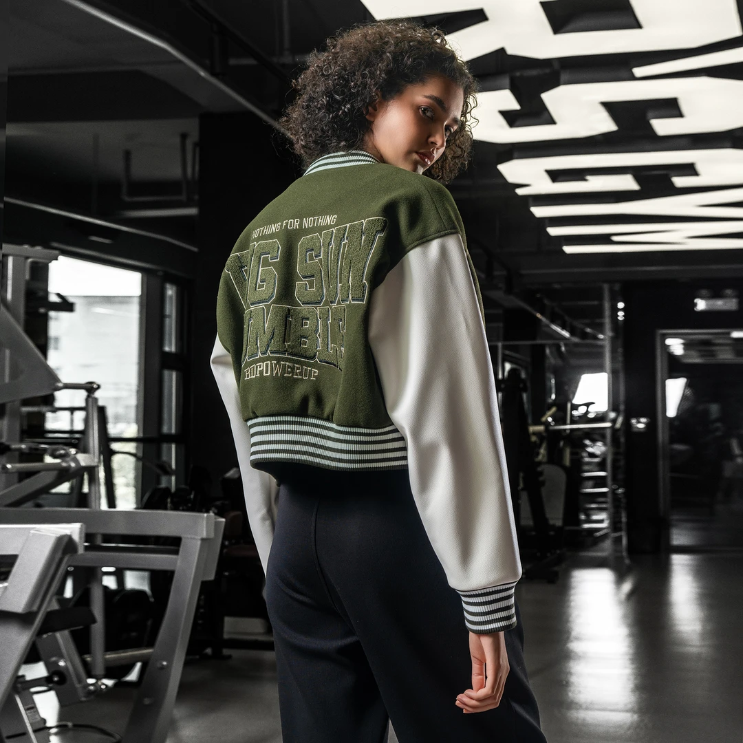 BD.POWER UP+春季美式复古棒球服女宽松时尚撞色毛呢夹克外套女