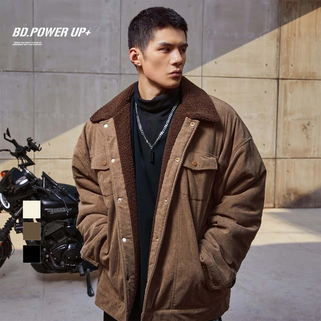 BD.POWER UP+仿羊羔毛外套男冬季加厚翻领绣花夹克外套男宽松