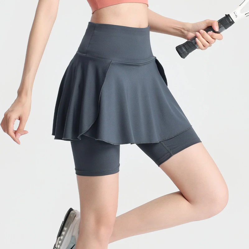 大码胖mm高腰跑步运动短裤女生速干假两件专业跑步裤健身裤裙三分