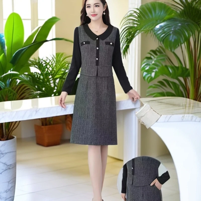 秋季新款轻奢拼接女装连衣裙KA10#时尚气质遮肉修身娃娃领连衣裙