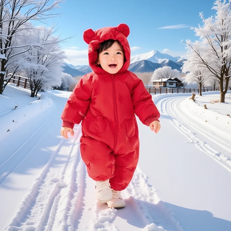 折扣婴儿加厚羽绒连体衣男女童萌趣连帽爬服2024冬季新款外出哈衣
