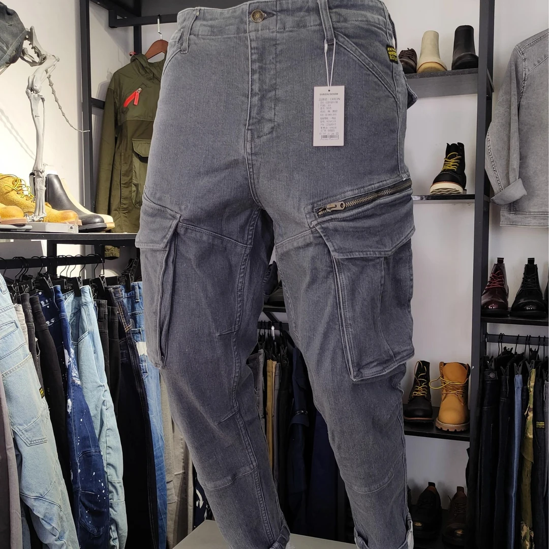 EXREIN百搭弹力做旧秋冬水洗深灰ROVIC大口袋拼接休闲工装牛仔裤