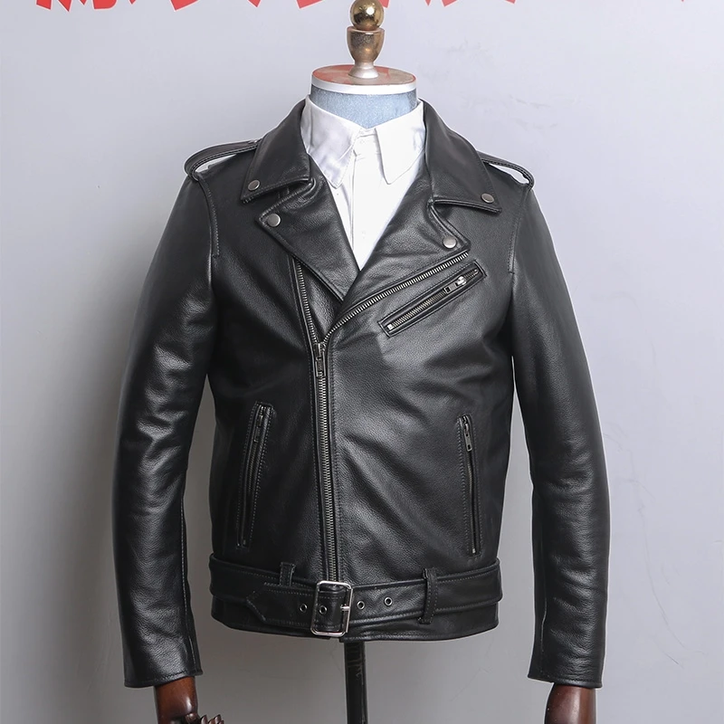 真皮皮衣男士新款斜拉链机车服头层牛皮夹克修身短款翻领腰带外套