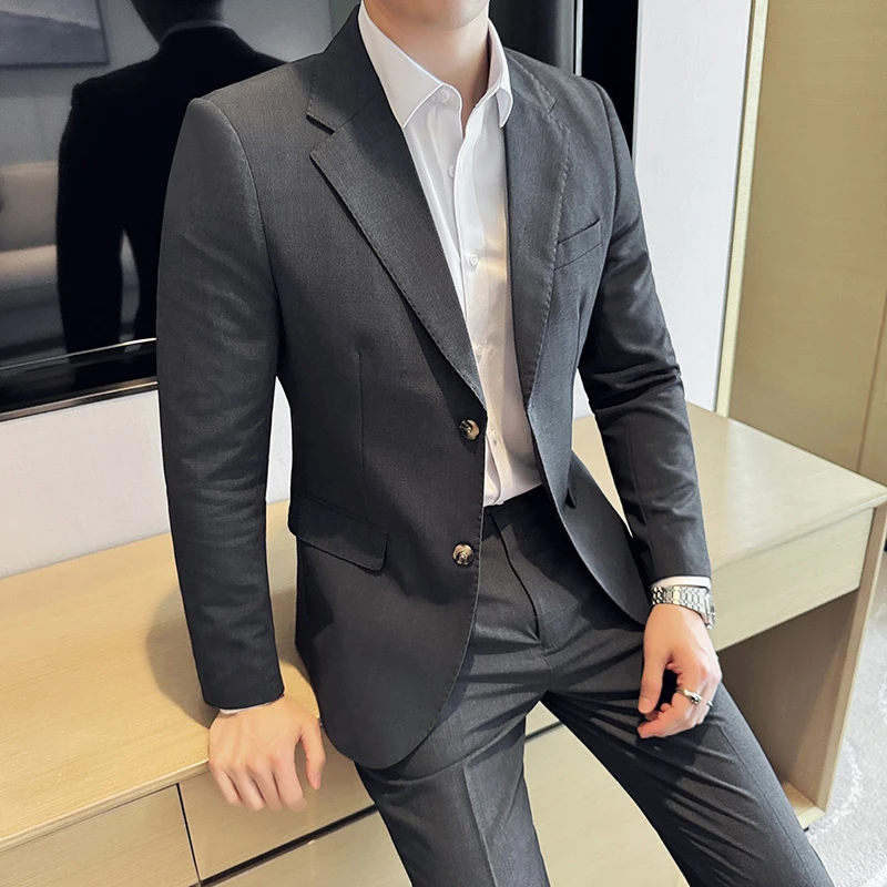 夏季薄款男士西装套装修身弹力抗皱商务休闲西服职业结婚礼服