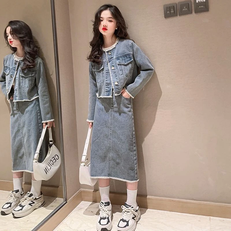 巴拉拉吧女童春装套装2024新款洋气中大儿童时髦春秋女孩牛仔裙两