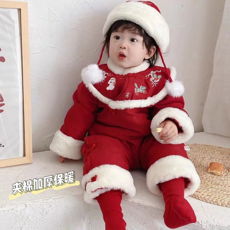 巴拉拉吧婴儿过年衣服喜庆冬装新拜年周岁宝宝加厚棉衣连体哈衣中