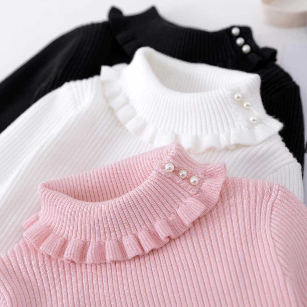 巴拉拉吧冬季款女宝宝公主风色钉珠高领女童翻领加绒加厚毛衣