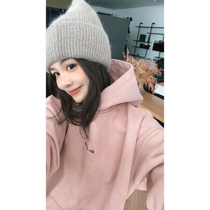 美洋慵懒风卫衣四面弹针织做旧加绒字母连帽休闲宽松百搭时尚保暖