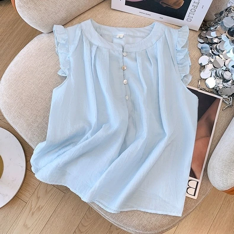 夏季新款法式荷叶边飞飞袖显瘦百搭韩系娃娃衫上衣女减龄甜美衬衫