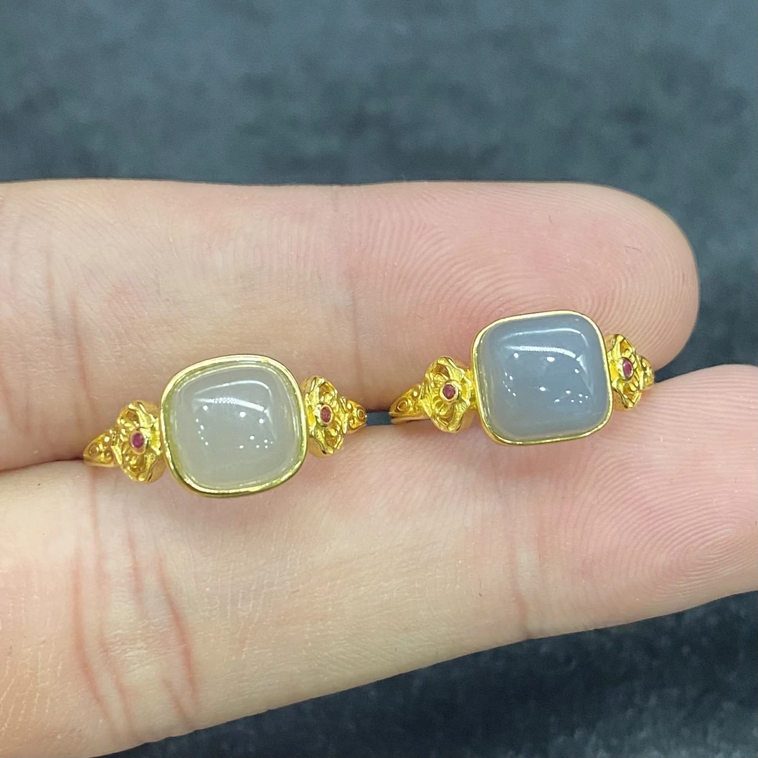 【龙少专属】和田玉烟紫方面戒指 S925银镶 多样性发1件 JYX1015