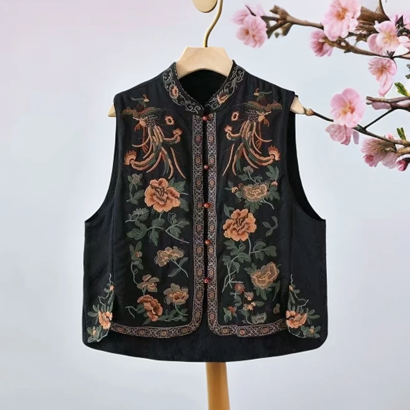 秋季新中式绣花马甲女款外穿双面复古时尚百搭提花马夹民族风上衣