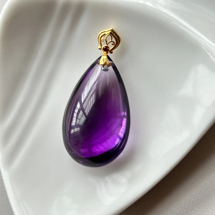 巴西天然紫水晶水滴吊坠女款18k金镶锁骨项链饰品挂坠干净体饱满