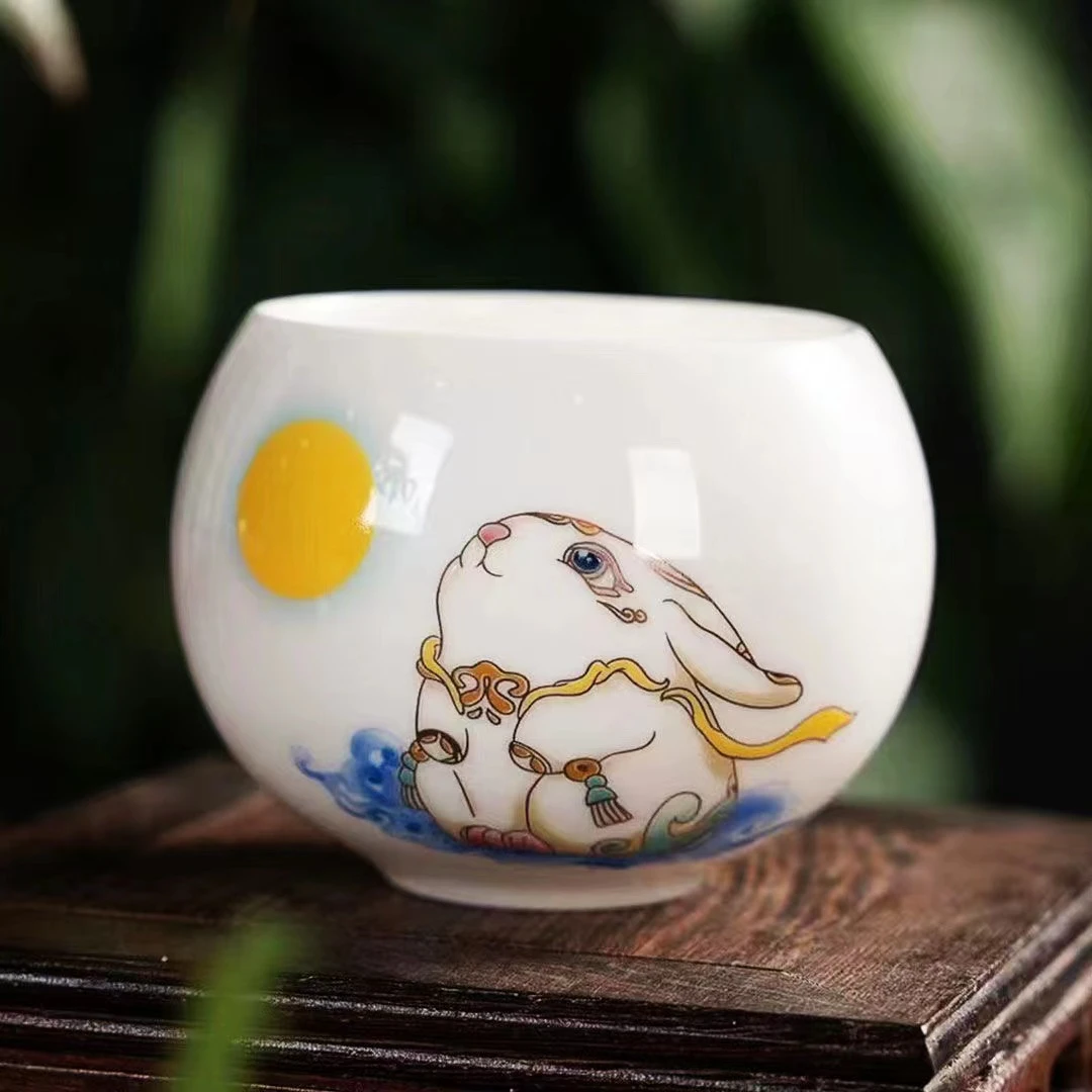 月兔观月高白瓷羊脂玉主人杯家用陶瓷茶杯