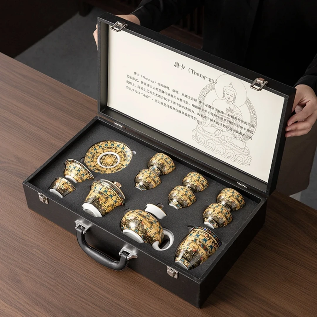 A 78中式高档唐卡悬停盖碗功夫茶具套装泡茶器礼盒