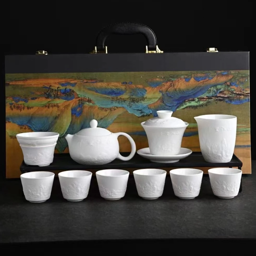 A 148素烧羊脂玉千里江山高档简约手工创意茶具礼盒装