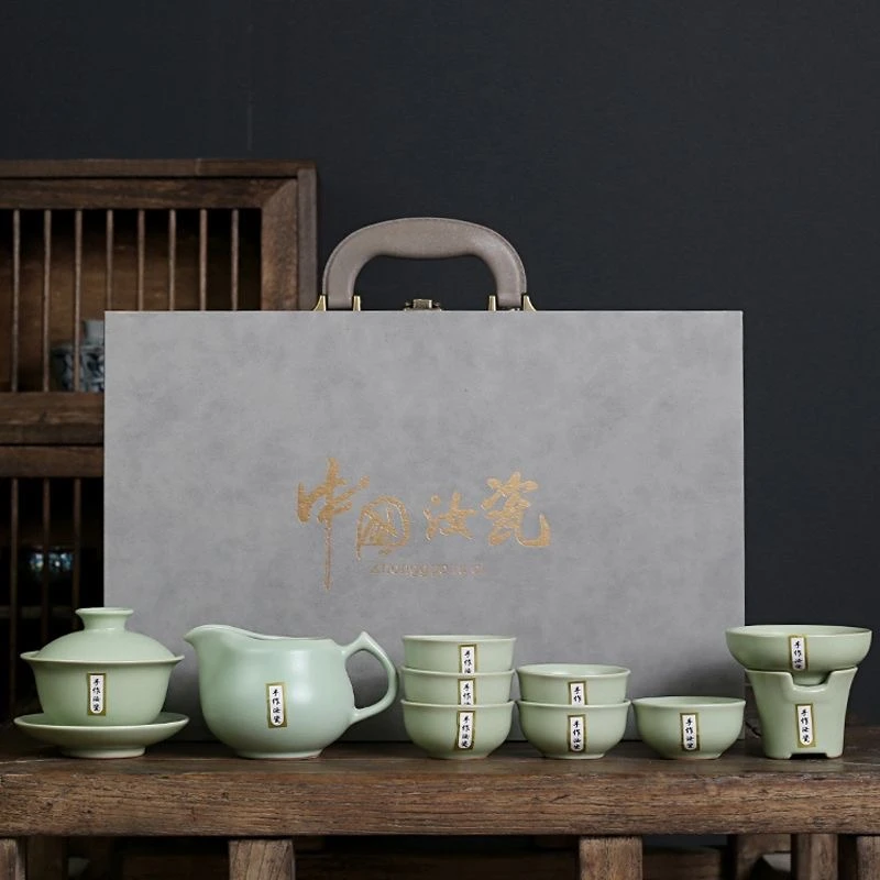 青色汝窑开片可养轻奢高档茶道茶具礼盒装