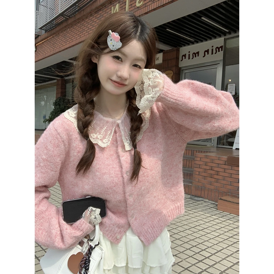 春秋韩版宽松蕾丝拼荷叶领设计北极绒针织开衫上衣女加厚毛衣外套