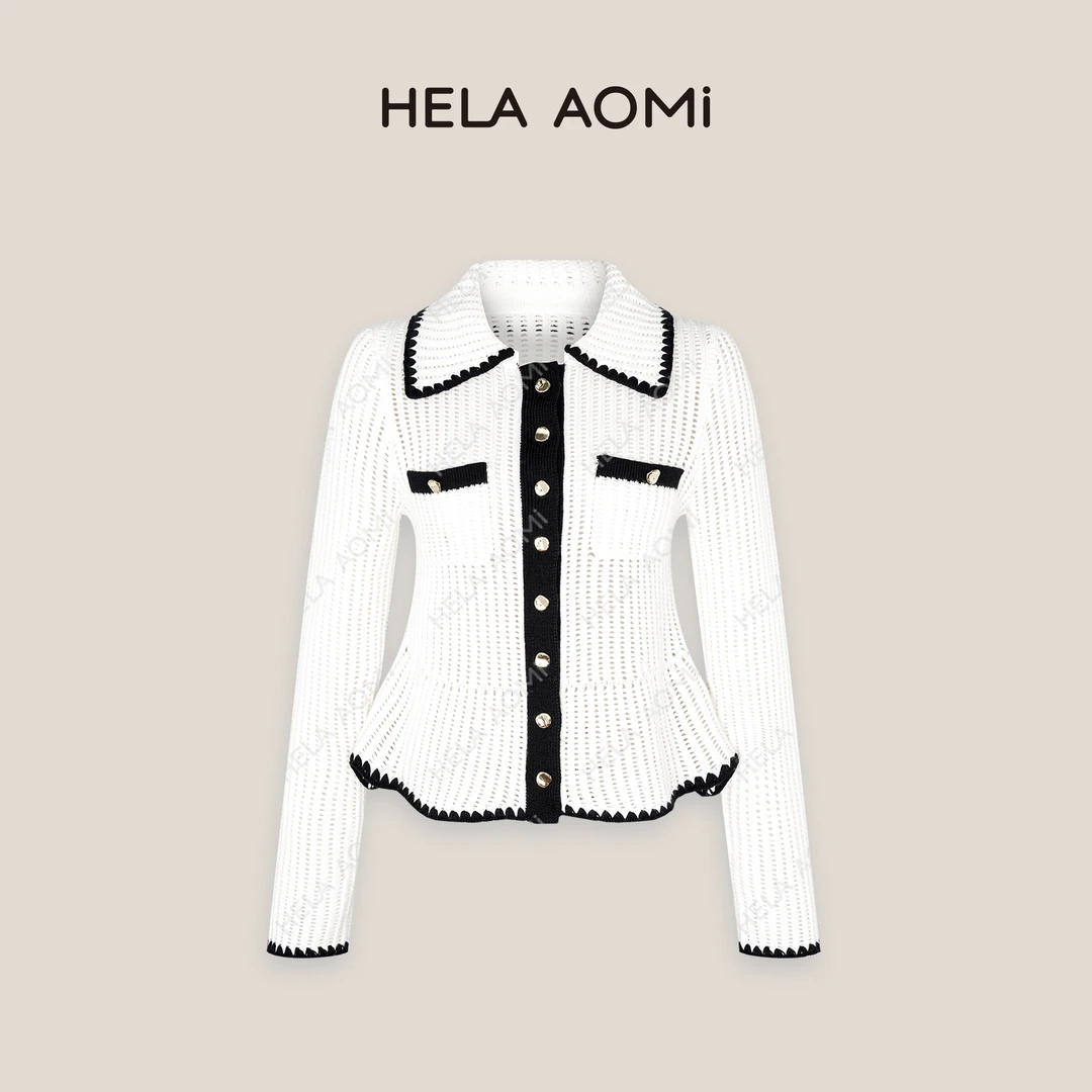 HELA AOMI “富家小姐”手工钩边撞色针织衫长袖开衫CY4CX32019