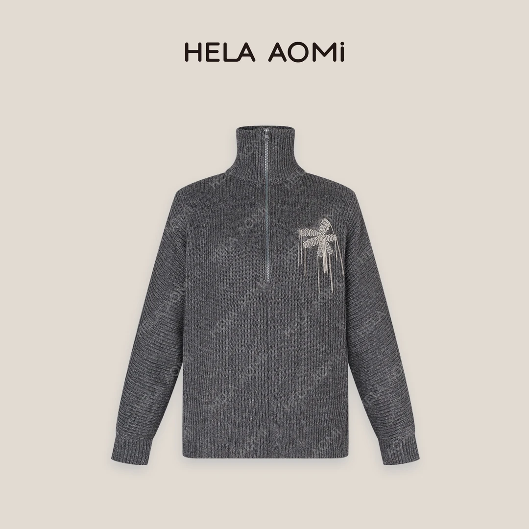 HELA AOMI “枫叶”半拉链翻领绣花针织衫宽松毛衣外套CY4CX33003