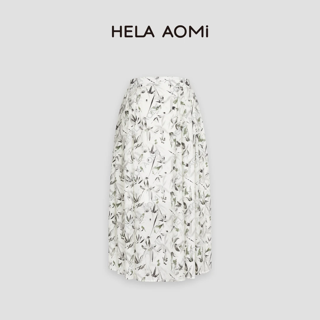 HELA AOMI “中式薄荷曼波”竹子印花休闲女装长款半身裙CY4AX71003
