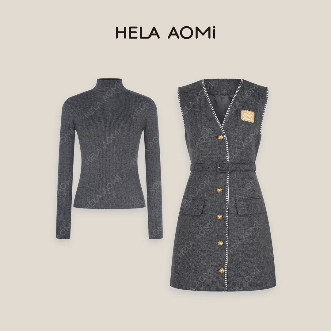 HELA AOMI “MIU系真两件”时尚通勤针织上衣马甲裙套装CY4DM43503