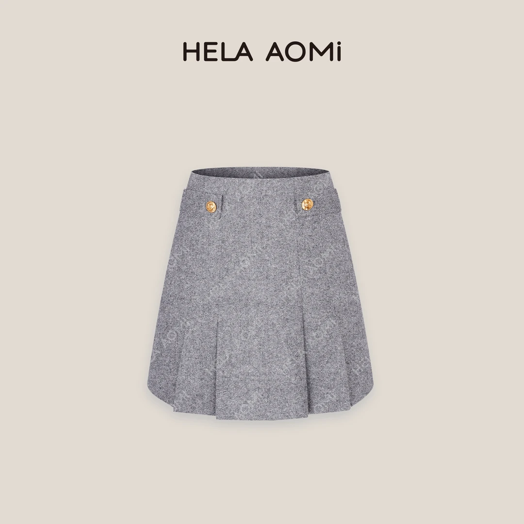 HELA AOMI“赛Lin千金”百搭时尚气质显瘦金扣褶摆短裙CY4CX71203