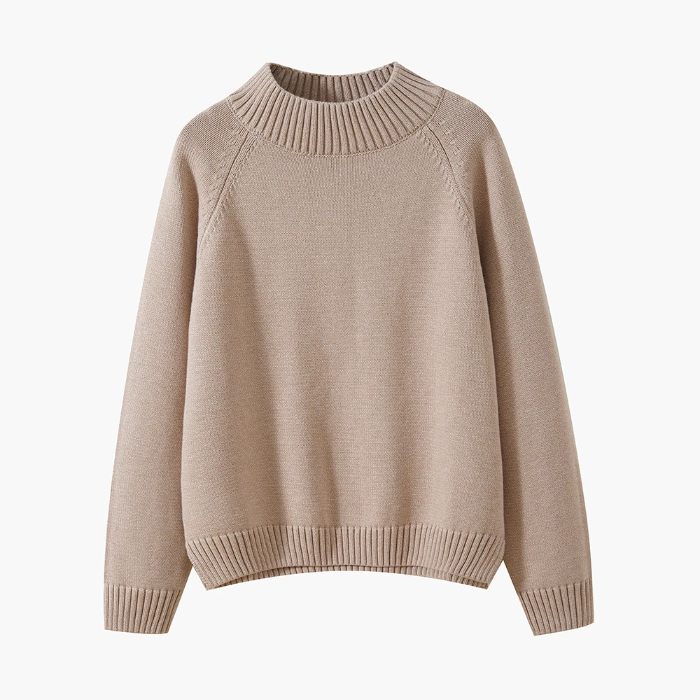 100%纯棉半高领毛衣女秋冬长袖宽松加厚插肩袖开叉内搭针织打底衫