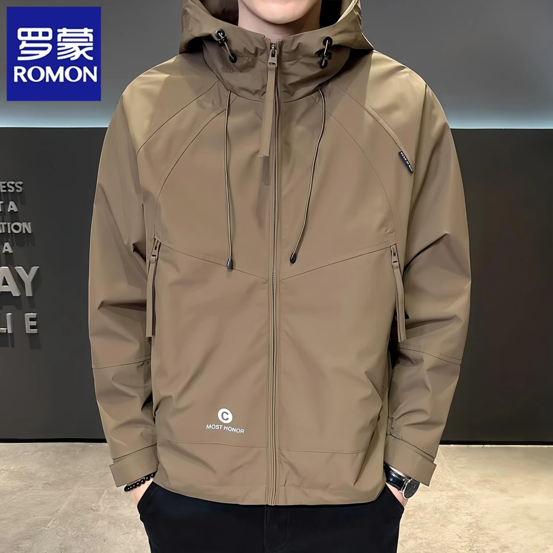 罗蒙连帽冲锋衣男士薄款休闲男外套春秋潮流宽松防风户外夹克秋装