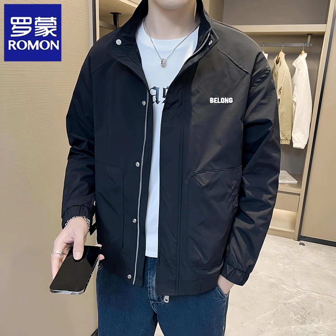 罗蒙男士立领2025年春秋季新款休闲上衣褂子机车夹克外套男时尚潮