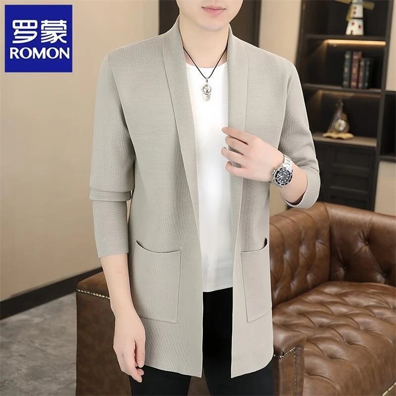 罗蒙开衫毛衣男外套韩版针织衫春秋季中长款帅气潮流翻领男装线衫