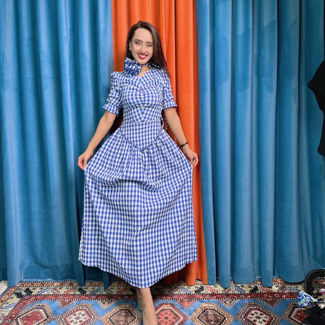 格子长款连衣裙显瘦夏季收腰复古修身女装连衣裙气质时尚休闲日常