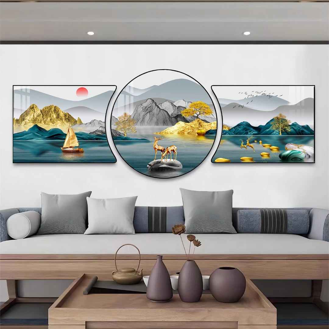 客厅背景墙挂画金山东墙新中式沙发背景墙晶瓷装饰画大白墙三联画