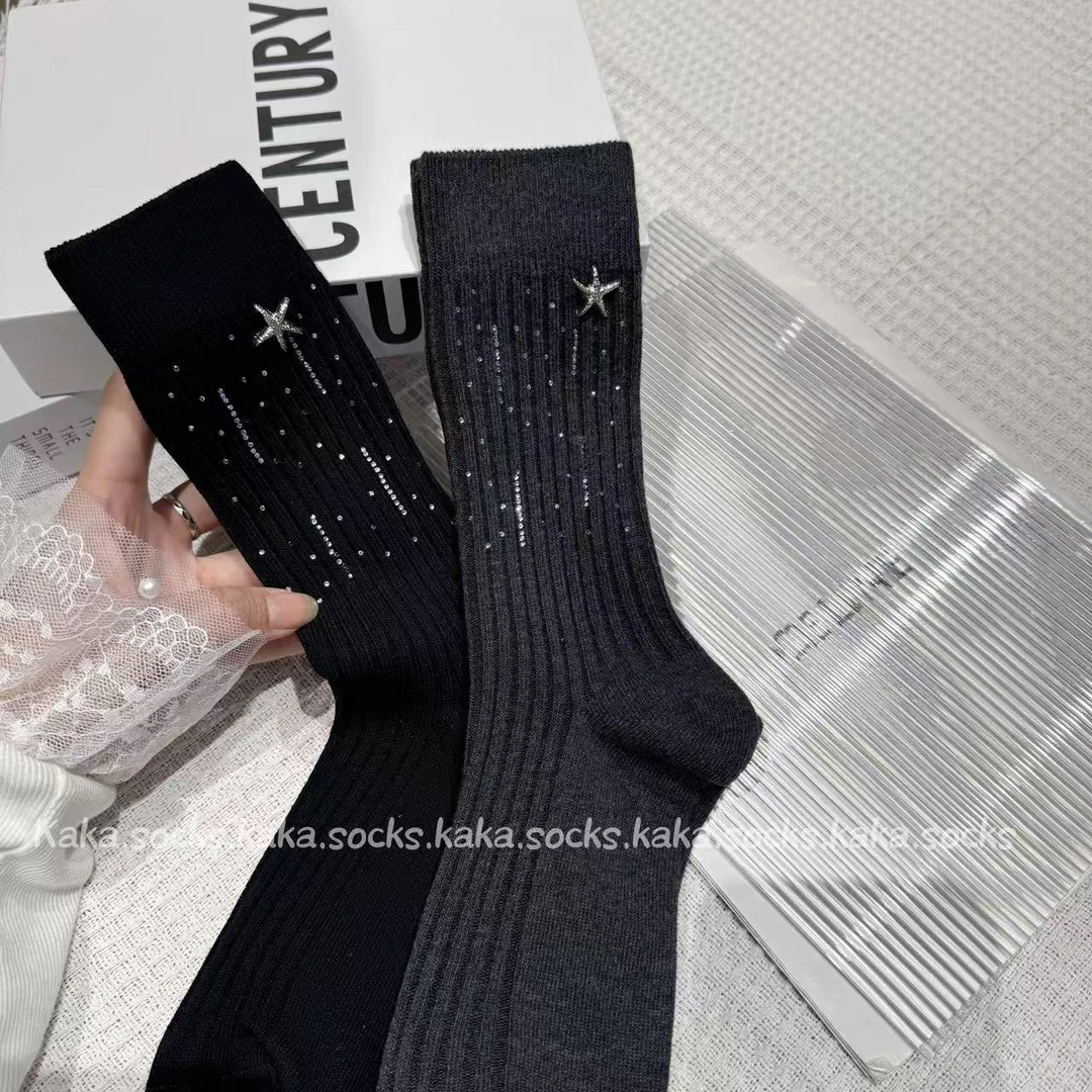 韩版轻奢耀眼星辰烫钻手缝金属海星袜子感百搭格蕾系双针中筒袜