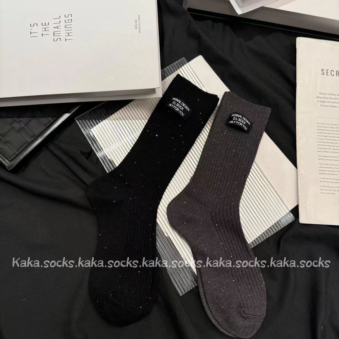 韩版亮片布标轻奢高级感闪亮ins百搭时尚格蕾系洋气中筒袜